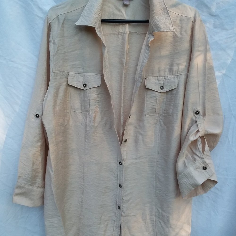 Blouse Roz & Ali Button Down with Tab Sleeve Taupe Size 1X